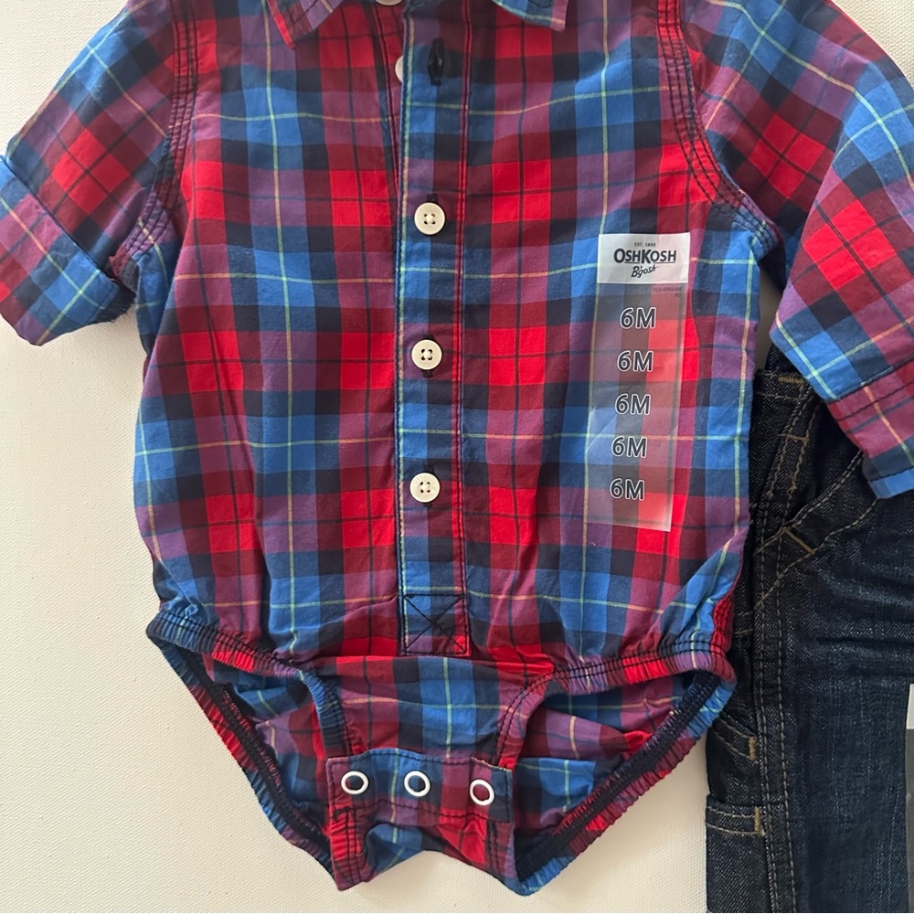 OshKosh 6 Months Baby Boy Red Plaid Shirt Bodysuit Denim Overalls Set Outfit NWT - Picture 3 of 7
